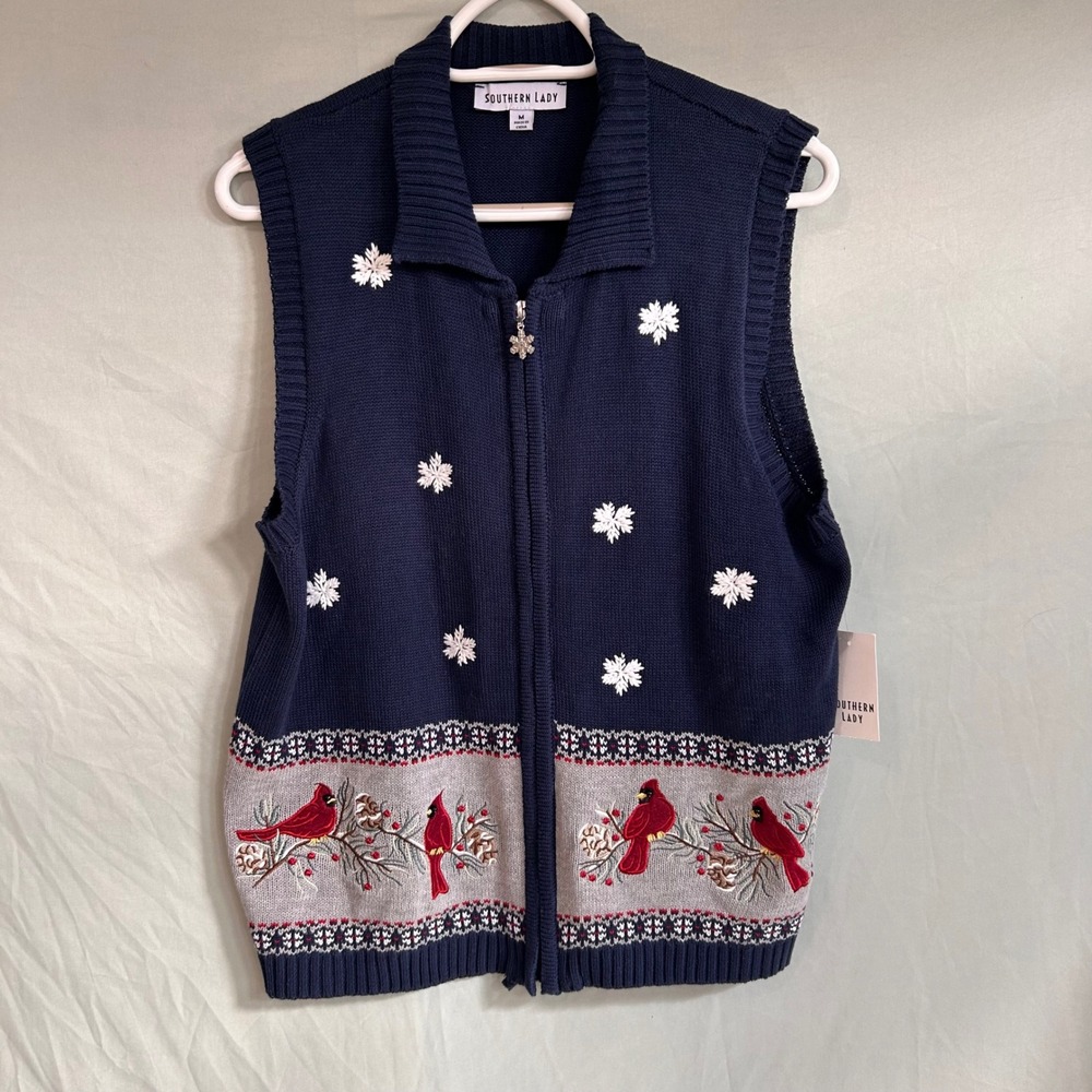 Southern Lady Navy Cardinal Embroiderd Full Zip Sweater Vest NWT Medium Holiday